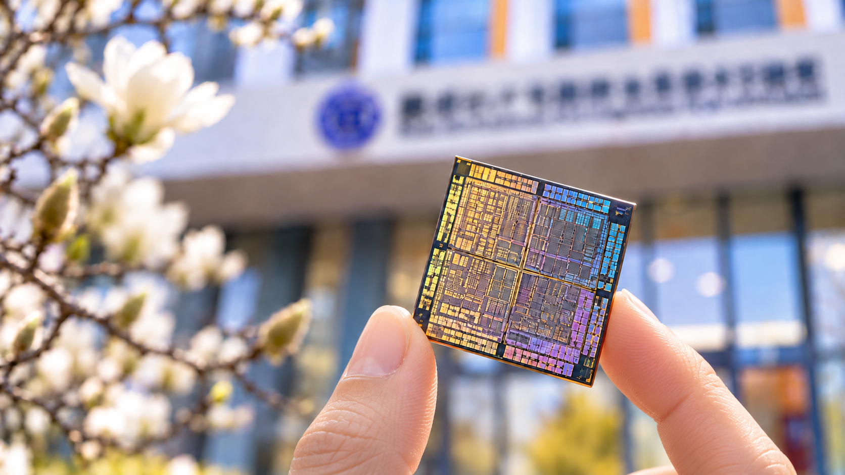 A silicon die held between two fingers, with magnolia blossoms and the Fudan laboratory entrance softly blurred behind it.