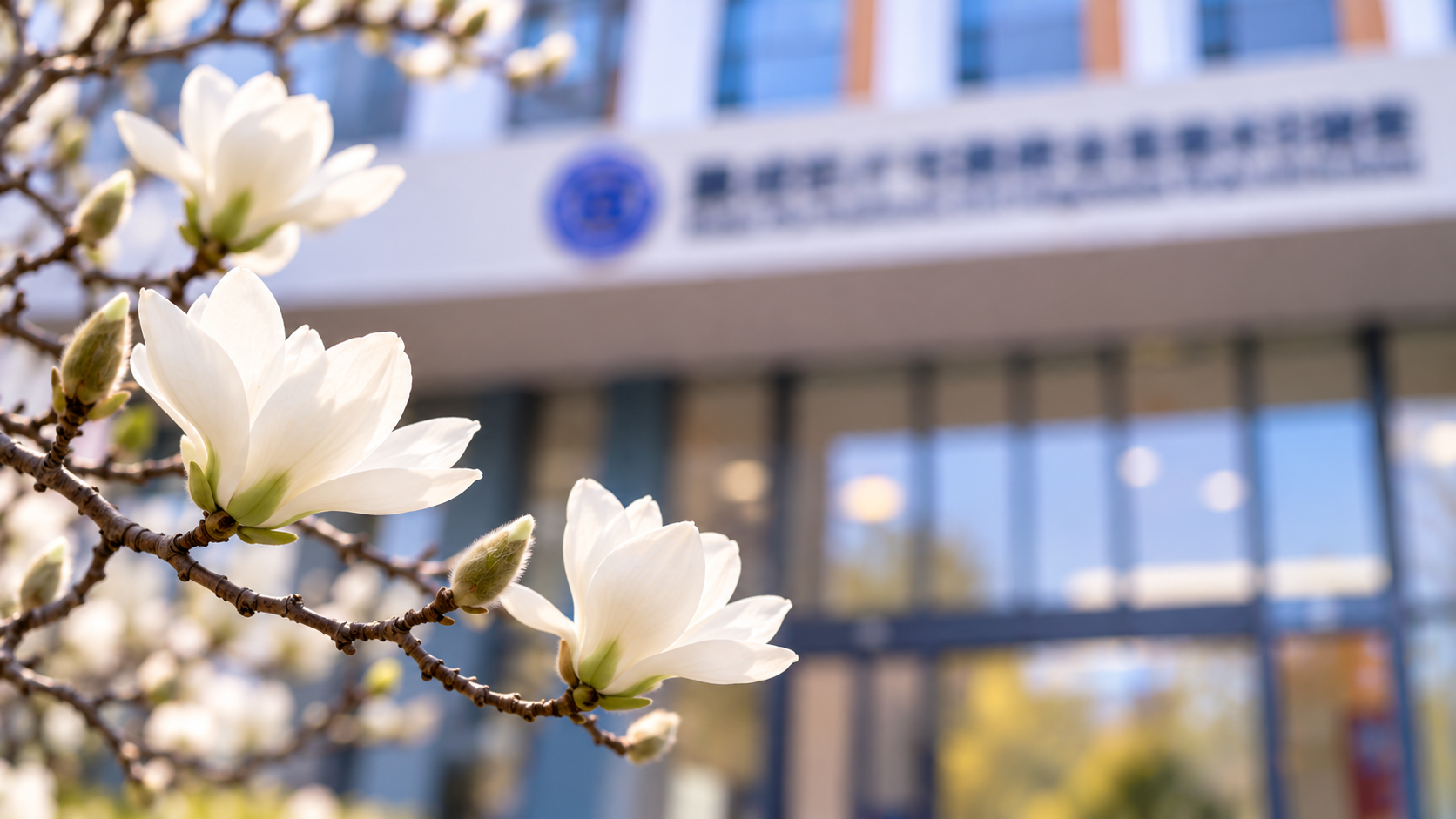 White magnolia blossoms in front of the softly blurred laboratory entrance at Fudan.